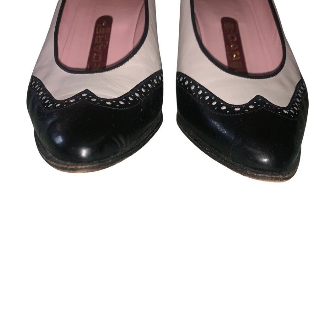 CAREL Paris Vintage Two-Tone Pumps 7 Black White Leather Low Heel Retro Shoes - Picture 5 of 11